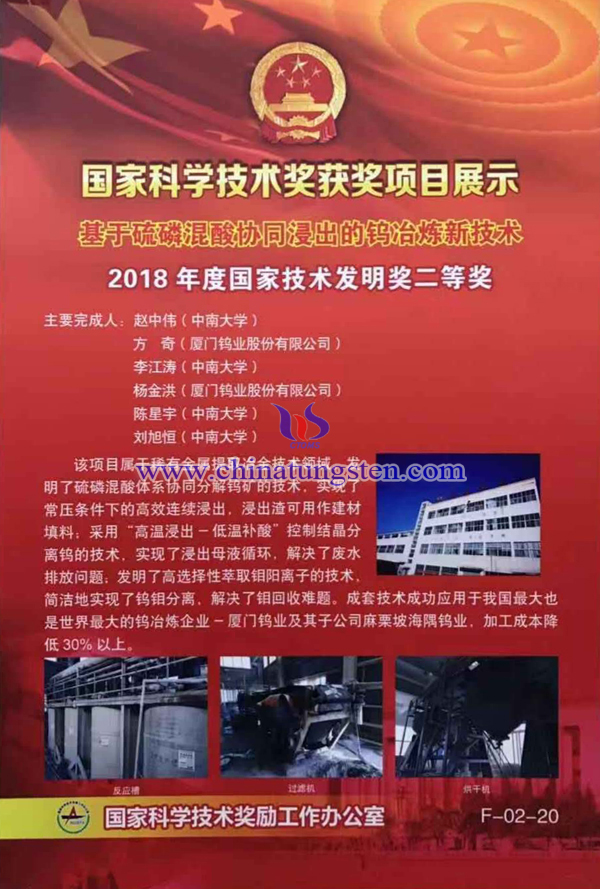 中南大學(xué)廈鎢鎢冶煉新技術(shù)獲國家技術(shù)發(fā)明二等獎