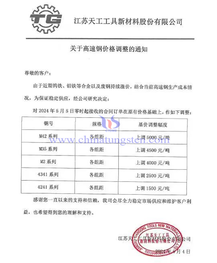 江蘇天工工具新材料股份有限公司漲價(jià)函