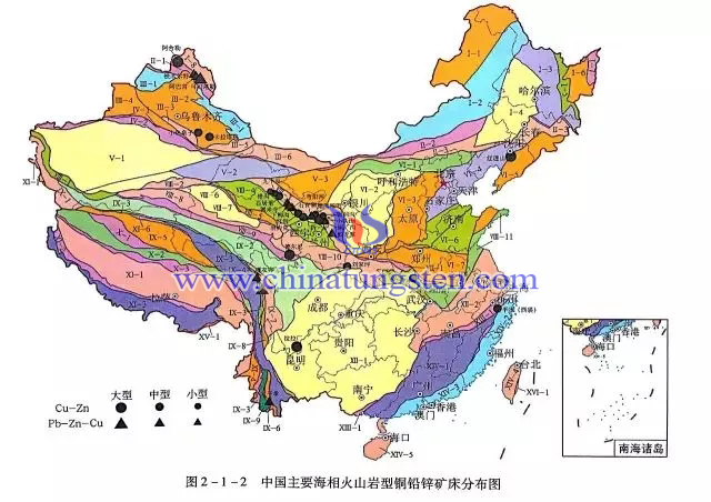 中國(guó)主要海相火山巖型銅鉛鋅礦床分佈圖