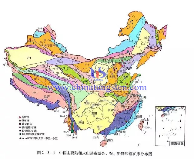 中國(guó)主要陸相火山熱液型金、銀、鉛鋅和銅礦床分佈圖