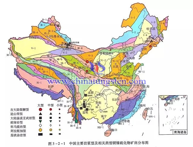 中國(guó)主要巖漿型及相關(guān)類型銅鎳硫化物礦床分佈圖