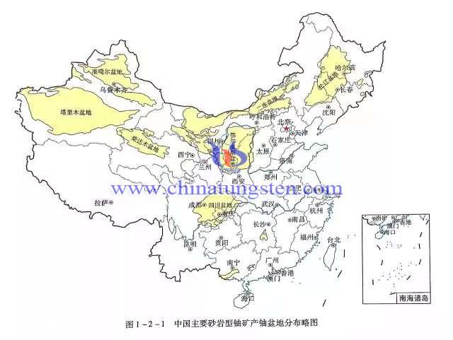 中國(guó)主要砂巖型鈾礦產(chǎn)鈾盆地分佈略圖