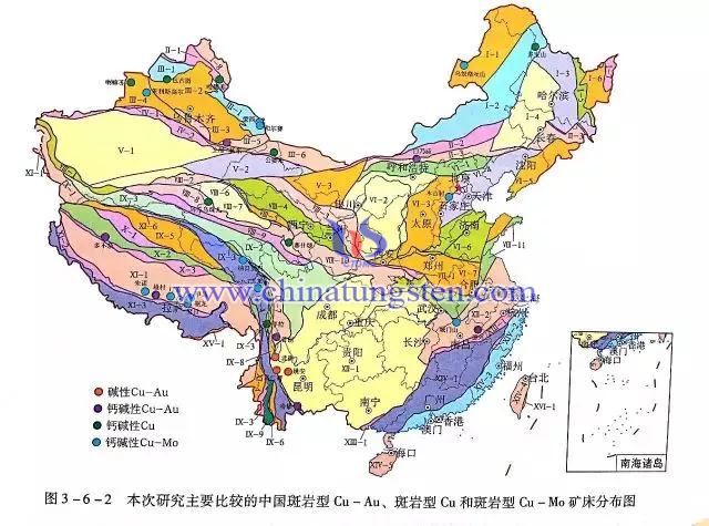 本次研究主要比較的中國(guó)斑巖型Cu-Au、斑巖型Cu和斑巖型Cu-Mo礦床分佈圖