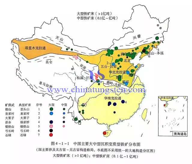 中國(guó)主要大中型沉積變質(zhì)型鐵礦分佈圖
