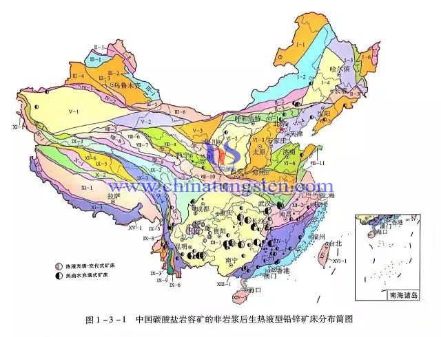 中國(guó)碳酸鹽巖容礦的非巖漿後生熱液型鉛鋅礦床分佈簡(jiǎn)圖