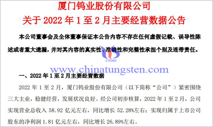 廈門(mén)鎢業(yè)2022年1至2月?tīng)I(yíng)收數(shù)據(jù)圖片