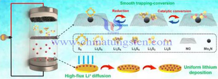 Mo2N@NG/PP隔膜的Li-S電池的機(jī)理示意圖(圖源:Yuanfu Chen/Advanced Functional Materials)