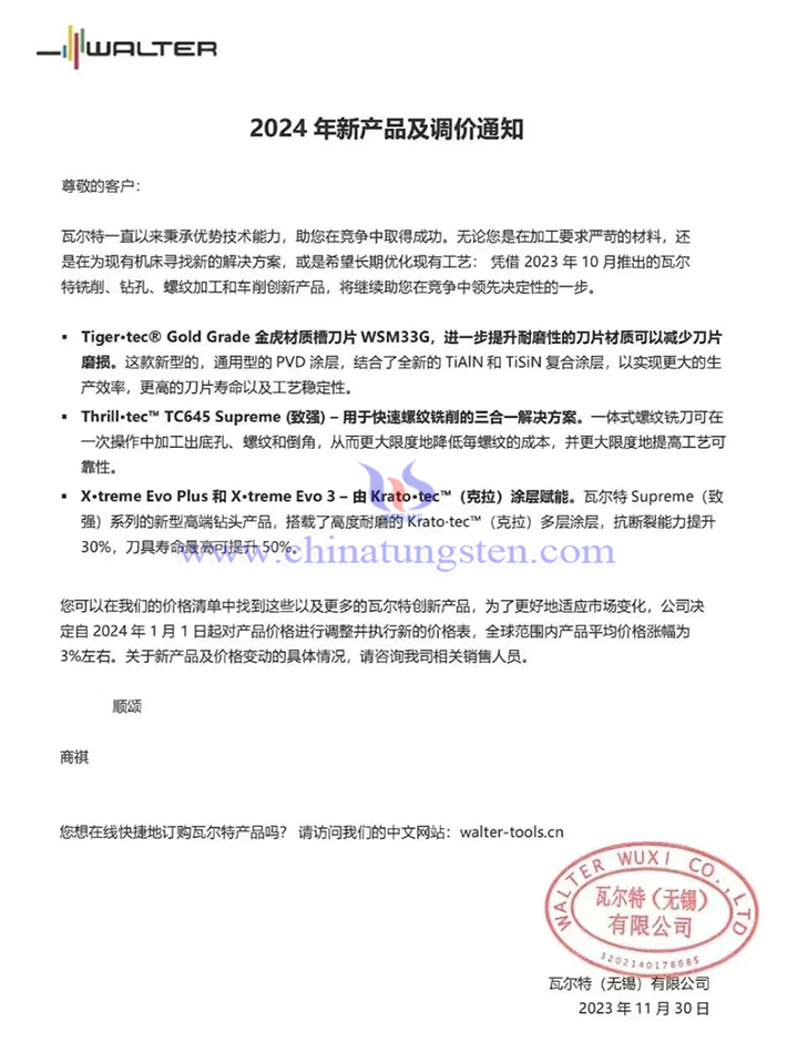 瓦爾特(無(wú)錫)有限公司2024年新產(chǎn)品及調(diào)價(jià)通知